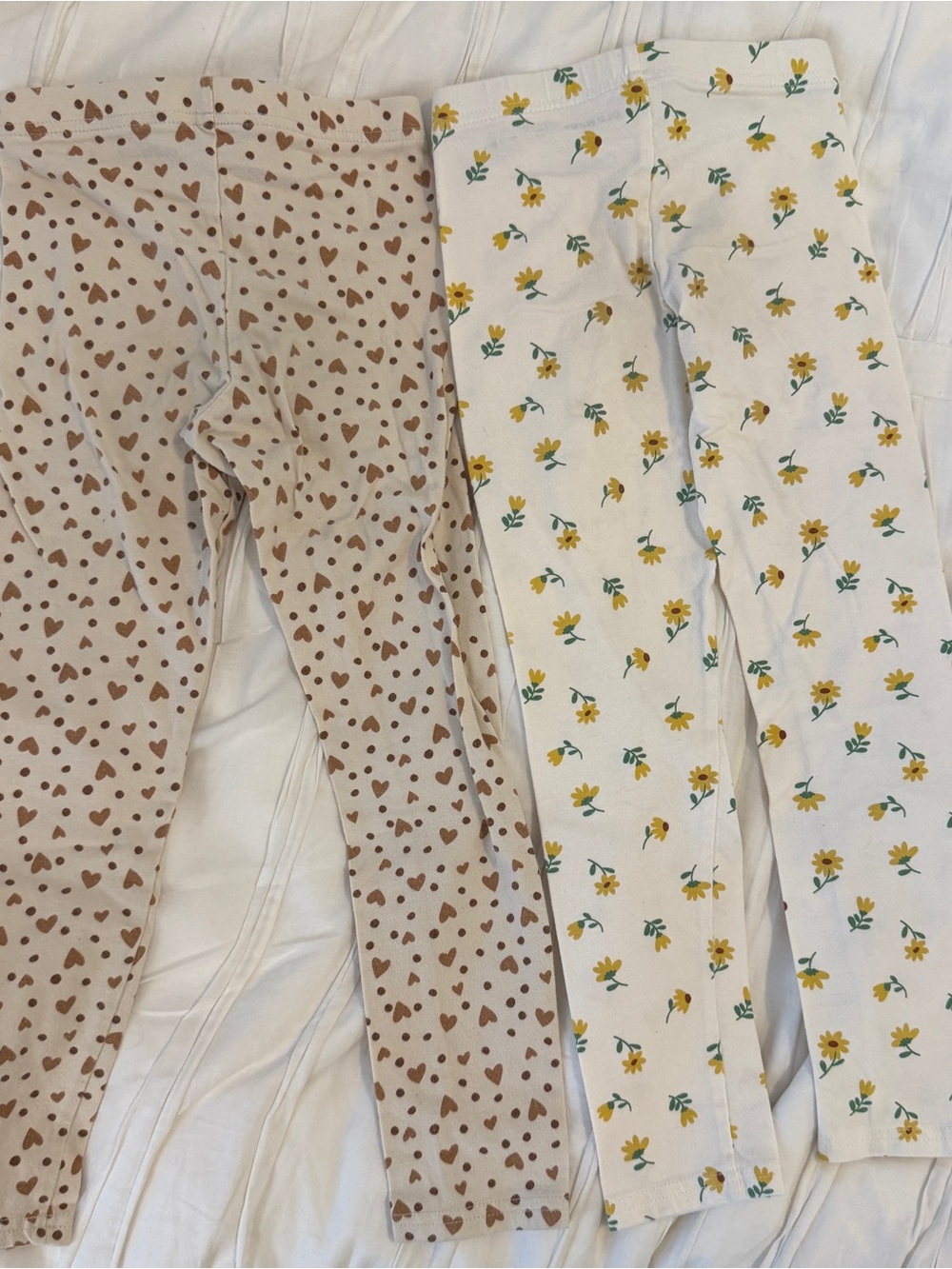 Girls' Floral and Heart Print Cotton Leggings - White & Beige